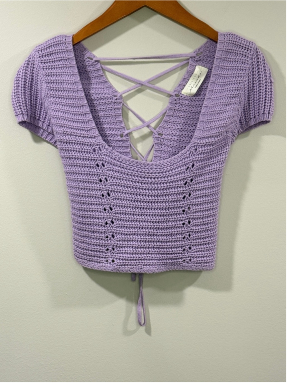 American Threads Womens Lavender Crochet Lace-Up V-Neck Crop Top Size XS